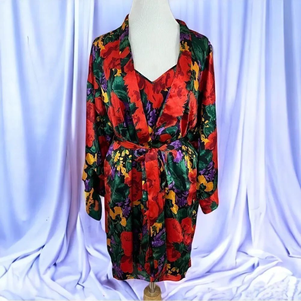 Victoria’s Secret Vintage Gold Label Red Floral Satin  Chemise and Robe Set S